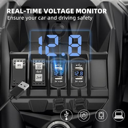 Anina Rocker Switch Style Dual USB Car Charger Port, 12V-24V Waterproof USB Socket with Blue LED Voltmeter, 4.8A USB Outlet Replacement for Marine Toggle Switch Panel on Boat Truck SUV RV UTV