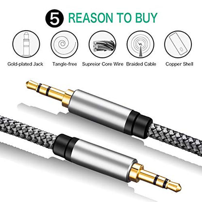 Tan QY 3.5mm Nylon Braided Aux Cable 30Ft, Audio Auxiliary Input Adapter Male to Male Cord for Headphones, Car, Home Stereos, Speaker, iPhone, iPad, iPod & More(30Ft/10M,Silver) - size: 30Ft/10M
