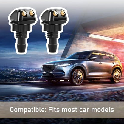 2 PCS Car Double Hole Straight Column Front Windshield Water Spray Nozzle, 1.14" x 0.71" Adjustable Powerful Jet Wiper Cleaning Nozzle, 0.31" Connector with Plastic Nut, for Cars (Black)
