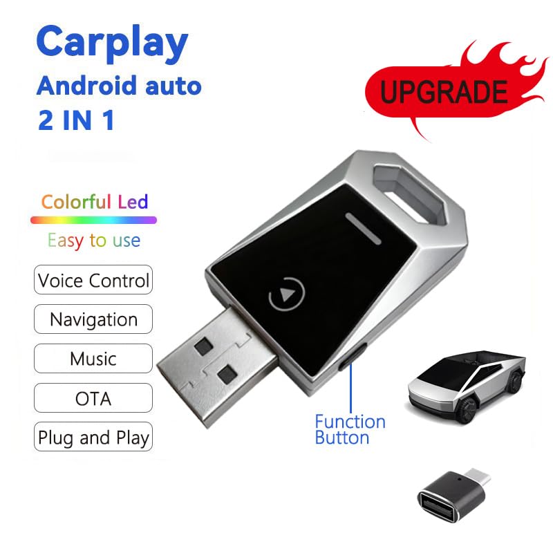 2-in-1 Wireless CarPlay & Android Auto Adapter, Metal Silver CarPlay Dongle, Fast Auto-Reconnect Adapter, for iPhone & Android with USB/USB-C Port