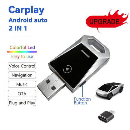 2-in-1 Wireless CarPlay & Android Auto Adapter, Metal Silver CarPlay Dongle, Fast Auto-Reconnect Adapter, for iPhone & Android with USB/USB-C Port