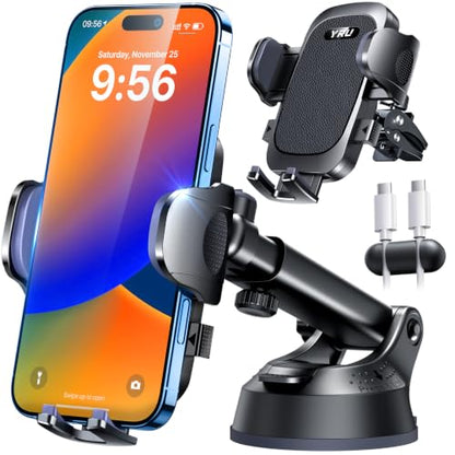 [True Upgrade for Safety] YRU Car Phone Holder Mount [Patent & Military-Grade] Dashboard Cell Phone Holder for Car Vent Windshield Phone Stand for iPhone17 16 15 14 13Pro Max Truck Samsung, Dark Black - color: Dark Black
