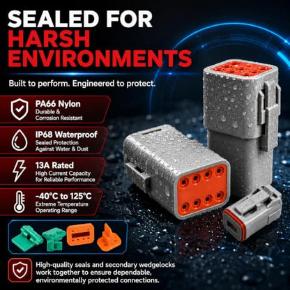 174Pcs 12 Kits DT Connector Kit With Ratcheting Wire Crimper for Deutsch Connector, 2 3 4 6 8 12 Pin Connectors Automotive Electrical Connectors With Size 16 Stamped Contacts IP68 Waterproof