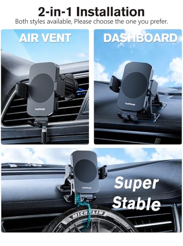 Wireless Car Charger, 15W Fast Charging Auto-Clamping Phone Holder Phone Mount【Windshield+Vent+Dash】 Car Accessories for Women Men fit for iPhone 17 16 15 14 13 12 Pro Max 11 XR XS, Samsung Galaxy - color: Black