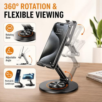 360° Rotating Full Metal Cell Phone Stand for Desk, Foldable Heavy Duty Mechanical Fidget Tablet Holder, Sturdy Desktop Mount for iPad Phone Live Streaming Gaming Office - color: BLACK