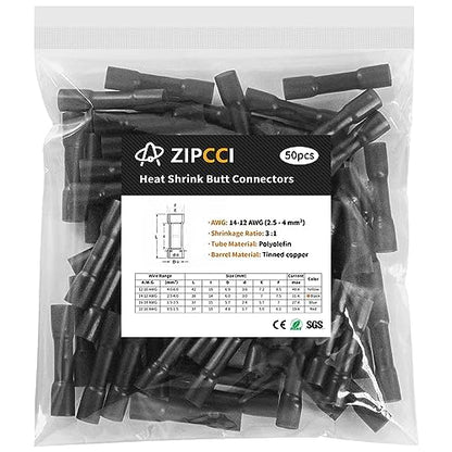 14-12 AWG Butt Connectors Heat Shrink - 50Pcs Black Electrical Wire Connector Insulated Waterproof Boat Automotive Wire Splice Crimp Wiring Terminals - size: AWG 14-12