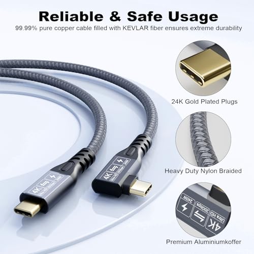USB C 3.2 Gen2x2 20Gbps Cable, 90Degree USB C 4K@60Hz UHD Video 5A/240W PD3.1 Fast Charge Cord with E-Marker Compatible with Thunderbolt 3/4 - size: 90D 20G 240W 3M