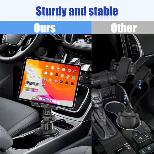 Tablet Holder for Car, for iPad Cup Holder Car Mount with 1.57" Depth Large Clamp 15" Height Adjustable Tab Mount Holder for 6"-12.9" Cell Phone iPhone iPad Stand Travel Accessories 1
