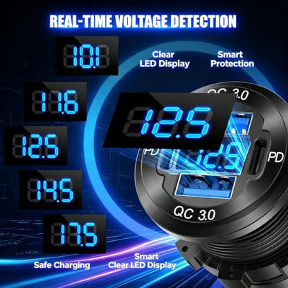 78W 4 Port 12V USB Outlet Car Charger,Dual PD & QC Multiple USB Port for Car, USB C Cigarette Lighter Replacement 12 Volt Socket with Voltmeter Waterproof for Marine Boat Motorcycle RV