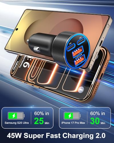 USB C Car Charger, 3 Pack 90W 4-Port Dual 45W Super Fast Car Phone Charger PD/QC 3.0 Fast Charging 12V Cigarette Lighter Adapter Plug for iPhone 17 16e 15 14 Pro Max, Galaxy S26 S25, Android - color: Black