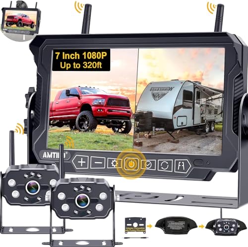 AMTIFO Wireless RV Backup Camera System - 2 HD 1080P Cameras with 7" Split-Screen Monitor,Compatible with Furrion Pre-Wired RVs,Loop Recording,Night Vision,Easy Install for Trailers Campers Trucks - size: 7 Inch - 2 Cameras
