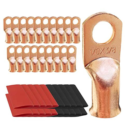 10pcs 1/0 AWG-3/8 Ring Battery Lugs, Copper Lugs, Battery Cable Ends, Tubular Ring Terminals, Crimp Wire Ring Lugs, Battery Terminal Connectors with Heat Shrink Tubing (10, 1/0 Awg - 3/8" (M10) Ring) - size: 1/0 Awg - 3/8" (M10) Ring