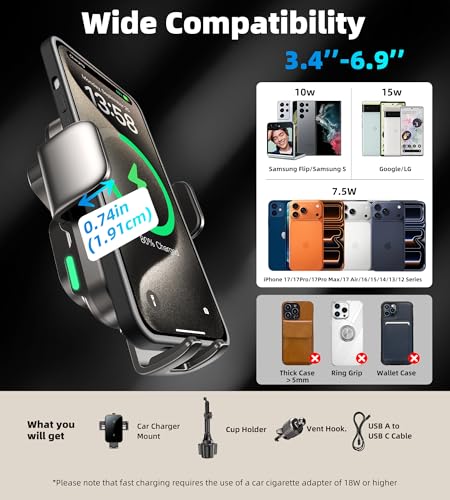 Dual Coil 15W Cup Phone Holder Mount, 2 in 1 Wireless Car Charger Auto-Clamping Fast Charging Vent Phone Holders for Your Car for iPhone 17 16 15 14 13 12 11, Samsung S25 S24 S23 S22 S21 S20