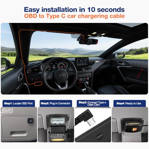 OBD2 to USB C Power Cable for Dash Cam,OBD Adapter Hardwire Kit Tpye-c with Low Voltage Protection(Auto-Cutoff 11.6V/23.4V), 24/7 Parking Mode,ACC Detection,Plus & Play Constant Power Cable (11.5FT)