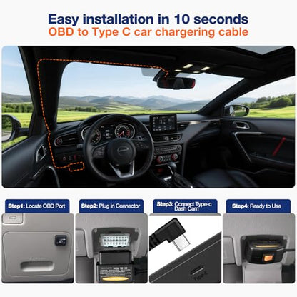 OBD2 to USB C Power Cable for Dash Cam,OBD Adapter Hardwire Kit Tpye-c with Low Voltage Protection(Auto-Cutoff 11.6V/23.4V), 24/7 Parking Mode,ACC Detection,Plus & Play Constant Power Cable (11.5FT)