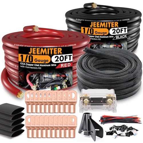 Jeemiter 1/0 Gauge CCA Wire Kit - Power/Ground Cable (40FT Black/Red),Battery Wire with 250A ANL Fuse,1/2 Inch Cable Split Sleeving,Lugs,Heat Shrink Tubing | for Car Audio Systems,Big 3 Upgrade - size: 40FT Wire + ANL Fuse + Cable Sleeve