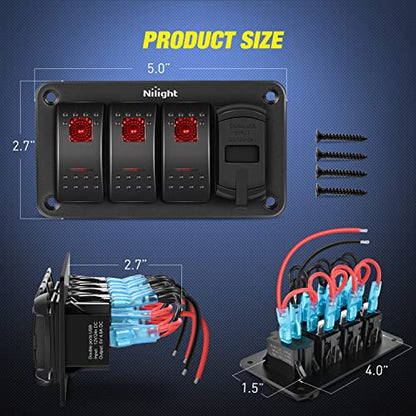 Nilight 3 Gang Rocker Switch Panel Green Backlit with 4.8 Amp Dual USB Charger Voltmeter Waterproof 12V 24V DC Night Glow Stickers for Cars Trucks Boats RVs - color: Red, size: 4 Gang Dual USB