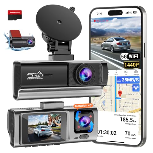 3 Channel Dash Cam Front and Rear Inside, 2.5K Front Cabin Recorder with Super Night Vision, WiFi App Control, Loop Recording, G-Sensor, 24H Parking Mode Dash Camera for Commuters & Family SUV