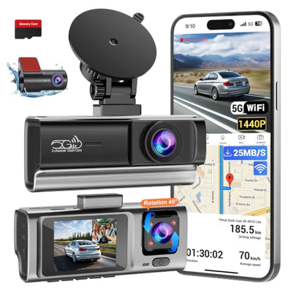 3 Channel Dash Cam Front and Rear Inside, 2.5K Front Cabin Recorder with Super Night Vision, WiFi App Control, Loop Recording, G-Sensor, 24H Parking Mode Dash Camera for Commuters & Family SUV