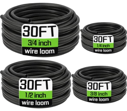 Wire Loom 1/4", 3/8", 1/2", 3/4 Inch x 30 FT, Split Wire Loom Tubing Wire Conduit, Cable Sleeves Bulk Flexible Electrical Conduit Protective kit, Black