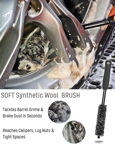 oesee 8PCS Pro Wheel Cleaning Kit - Synthetic Wool Brushes, Detailing Brush, Tire Brush, Wash Mitt, Drying Towel & Carry on Bag - Scratch-Free Rim Cleaning Kit - color: Grey & Black