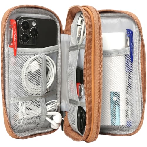 CAAORDKSO 범용 전자 액세서리 휴대용 케이스, 전자 케이블 정리함 가방, 케이블, USB, 코드, 충전기, 휴대폰, 보조 배터리, 이어폰용 여행용 케이블 액세서리 가방 파우치 (브라운, 라지) - color: 브라운., size: Large