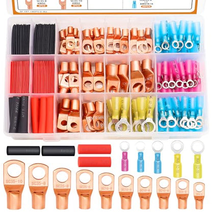 mankk 180PCS Copper Wire Lugs AWG 2 4 6 8 10 12 14 16 Gauge Battery Terminal Connectors Battery Cable Ends Connectors Copper Ring Terminal Kit with Heat Shrink - color: 180PCS