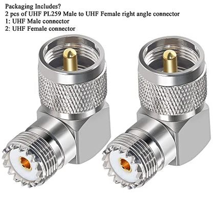 2PCS UHF PL259 Right Angle 90 Degree Coax Adapter, SO239 Male PL259 to Female Right Elbow Coaxial Connector Adapter, UHF Male to SO239 Female L Shape Coax Connector for CB Radio, Antenna, etc