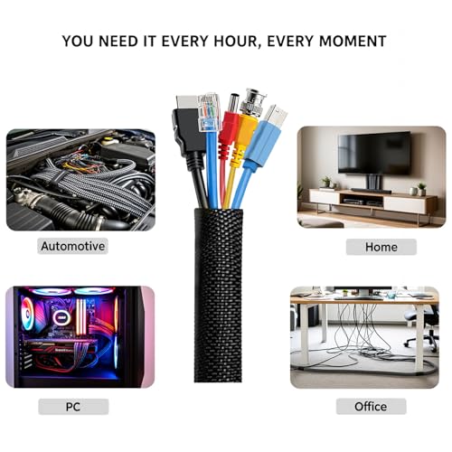 Automotive Split Wire Loom Braided Cable Sleeve, High Temperature 300°F Heat Resistant & Flame Retardant, Self-Wrapping Wire Harness Protector Car Cable Management (Black, 1/2"-50Feet) - color: Black, size: 1/2"-50Feet