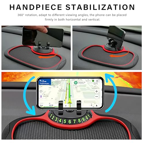 Car Anti-Slip Mat, Multifunction Dashboard Mat Rotatable Phone Mount with Temporary Parking Number, Universal Large Anti Skid Pad Dash Organizer for Cellphones Keys Gadgets