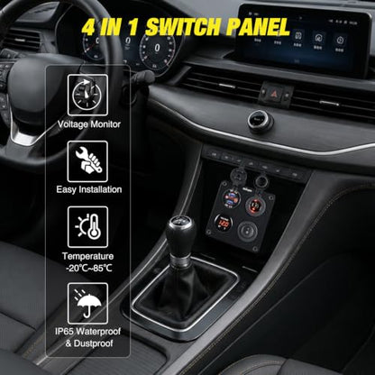 Nilight 4 in 1 Toggle Switch Panel Red Power Outlet USB Charger Voltmeter - color: 4-in-1 Panel Red