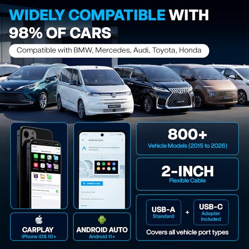 2026 Wireless CarPlay & Android Auto Adapter - Flexible Cable Prevents Port Damage, Dual-Band 2.4GHz+5GHz Fast & Stable Connection, USB A+C Adapter Included for 800+ Vehicles 2015-2026, Carbon Fiber