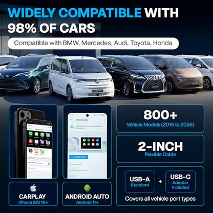 2026 Wireless CarPlay & Android Auto Adapter - Flexible Cable Prevents Port Damage, Dual-Band 2.4GHz+5GHz Fast & Stable Connection, USB A+C Adapter Included for 800+ Vehicles 2015-2026, Carbon Fiber