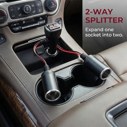 16AWG 12V Car Cigarette Lighter Splitter, 1 to 2 Auto Cigarette Lighter Adapter with Dual Independent ON/OFF Switches, 2 Way Socket Vehicle Power Charger Splitter, Universal Fit