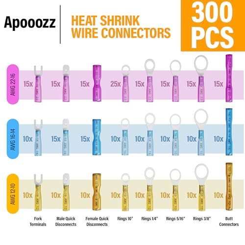 300PCS Waterproof Heat Shrink Wire Connector Kit – Copper Crimp Terminals with Butt, Ring, Fork, Spade & Quick Disconnect, AWG 22-10, for Marine, Automotive, Boat & ATV Wiring