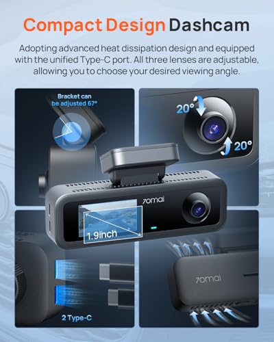 70mai 4K Dash Cam Front and Rear Inside, 3 Channel Car Dash Camera for Cars, Dashcam with GPS, Wi-Fi 6, Voice Control, Parking Monitor, Night Vision, Loop Recording, 64GB SD Card Included (T800E) - size: T800E-RC21-64GB
