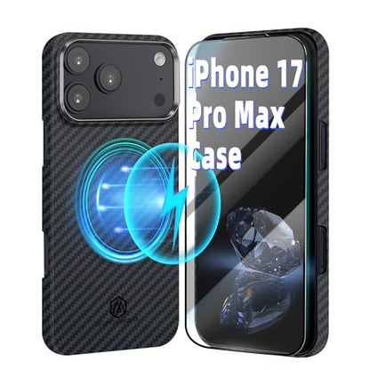 MONOCARBON Aramid Fiber Case for iPhone 17 Pro Max, Ultra-Thin & Light 6.9in Hard Cover with [Metal Camera Frame],[1500D Aramid Fiber Woven], [MagSafe Compatible], [Easy-Grip]+[Free Screen Protector] - size: for iPhone 17 Pro Max
