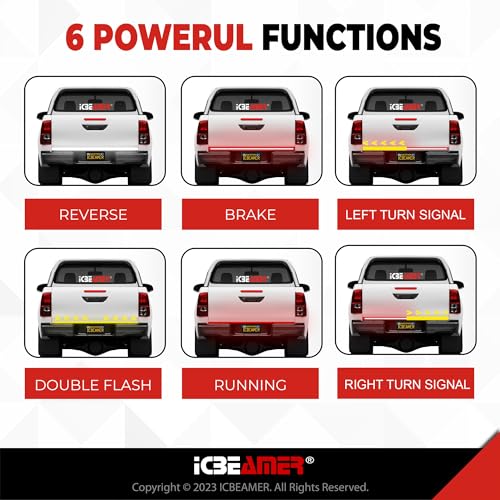 ICBEAMER Triple Row 60 inch 504 pcs LED for Pick up/Truck Tailgate Light Bar Side Bed Light Strip Bar IP67 Waterproof Reverse- 6 Functions Tail/Brake/Sequential/Turn Signals/Reverse/Flashing Lights - size: 60" Triple Rows