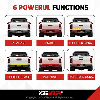 ICBEAMER Triple Row 60 inch 504 pcs LED for Pick up/Truck Tailgate Light Bar Side Bed Light Strip Bar IP67 Waterproof Reverse- 6 Functions Tail/Brake/Sequential/Turn Signals/Reverse/Flashing Lights - size: 60" Triple Rows