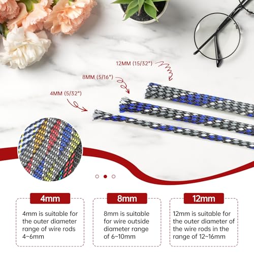 New Braid Sleeve,PP Cotton PET Braided Sleeve Tube Soft Wire Wrap Insulated Cable Protection Line Harness Sheath Daily Household Wire Management (Blue White Grey, 8mm (5/16")-19ft) - color: Blue White Grey, size: 8mm (5/16")-19ft