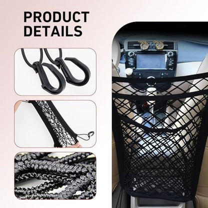3-Layer Car Mesh Organizer, Front Seat Back Net Bag, Stretchable Kid Dog Car Net Barrier Pet Divider Storage, Universal Hanging Storage Netting Pouch for Most Auto, Sedan, SUV