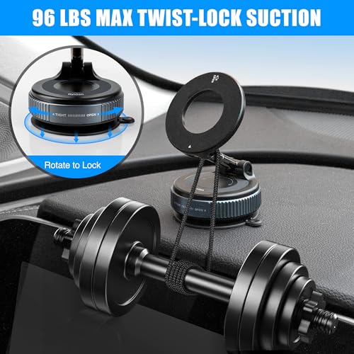 Ryvlan Carmount Vacuum Magnetic Phone Mount for Car– Magsafe Suction iPhone Stand, Content Creator Phone Holder & Car Mount, iPhone Holder for Dashboard & Windshield, Suction Cup Samsung Stand - style: Sleek Black