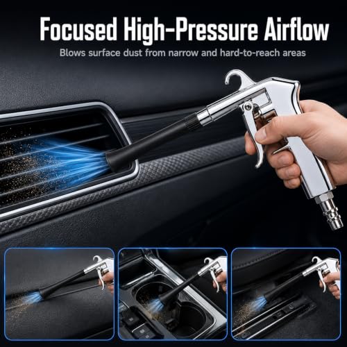 Car Cleaning Gun for Car Detailing, High Pressure Air Blow Gun Works with Air Compressor, Dry Cleaning Gun Quickly Removes Surface Dirt and Dust from Interior, Comes with 3 Brushes and 2 Nozzles