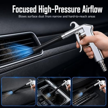 Car Cleaning Gun for Car Detailing, High Pressure Air Blow Gun Works with Air Compressor, Dry Cleaning Gun Quickly Removes Surface Dirt and Dust from Interior, Comes with 3 Brushes and 2 Nozzles