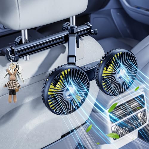 Long Arm Dual Head Car Cooling Fans for Back Seat for Kids, Battery Powered Rechargeable 5V/12V/24V Car Backseat Headrest Fan for Baby Rear Facing Car Seat Cooler That Blow Cold Air for Vehicle - style: Battery Powered-Long Arm