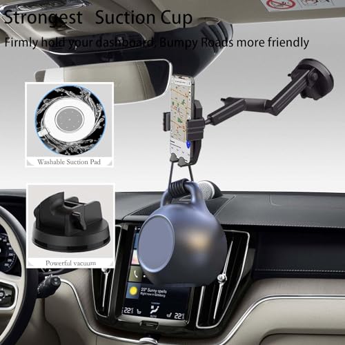Yoidesu Phone Mount for Truck, 16.9 Inch Long Arm Mobile Device Holder for Dashboard Window with 360 Degree Rotation, Strong Suction Hold for Truck, Bus, SUV