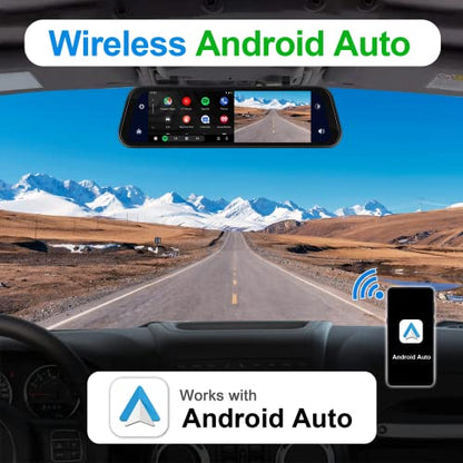 2.5K Rear View Mirror Dash Cam Backup Camera,in-Mirror Smart 9.66 Inch IPS Touch Screen Front&Rear Mirror Camera,Car Players Wireless CarPlay&Android Auto for Cars Trucks,Parking Monitoring,64GB Card - style: 9.66 Inch+Backup Ccamera+64G TF
