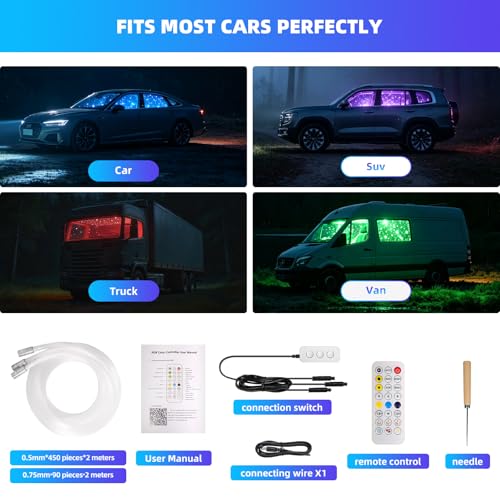 Split Headliner Star Light Kit, 540pcs Ceiling Fiber Optic Lights APP/Remote Control Music Mode RGBW Sound Activated Easy to Hide for Car Roof Home Ceiling Lights - size: 540pcs of 6.5ft(0.02+0.03in)