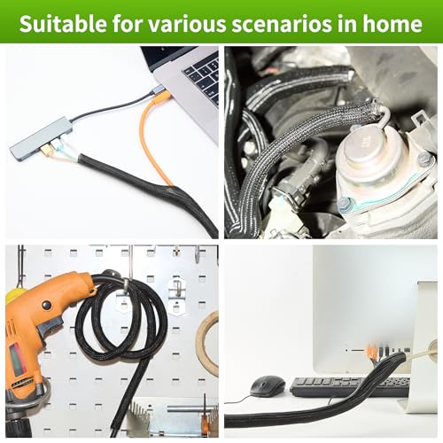 Split Wire Loom 1cm(3/8인치) 7.6m(25피트), 케이블 관리를 위한 브레이드 케이블 슬리브, 애완 동물, TV, 책상 및 자동차용 코드 프로텍터, 블랙 - color: 블랙., size: 3/8인치 -25피트