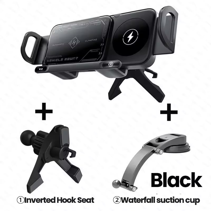 Famous Tech Shop 15W Wireless Car Charger Phone Mount with Auto Clamping, Rotating Car Phone Holder with Dashboard and Windshield Mount, Fast Charging Stand for iPhone and Android
